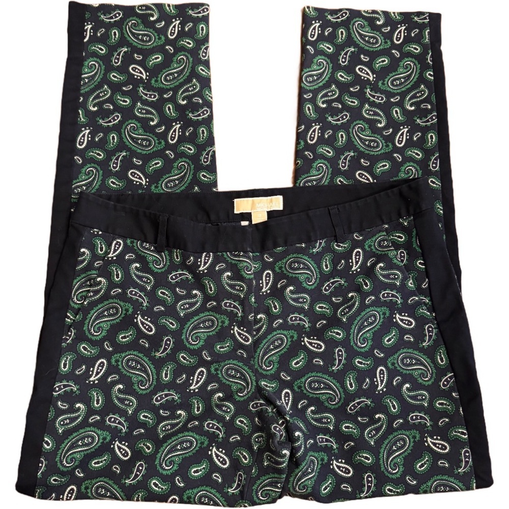 MICHAEL Michael Kors Paisley Pants 10 Blue Green Pull On Stretch Flat Front